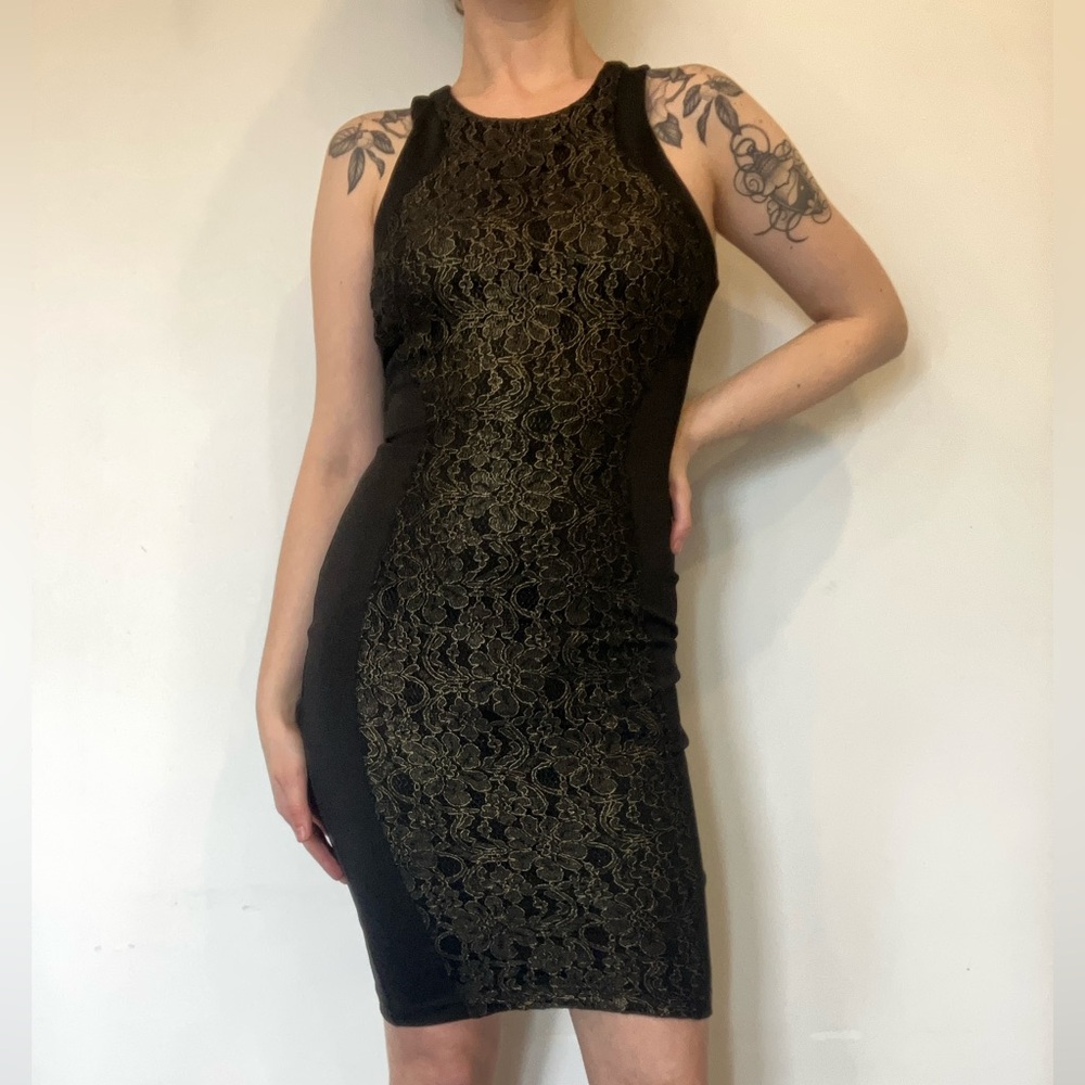 Torn by Ronny Kobo Womens Black Gold Lace Bodycon Sleeveless Dress size medium